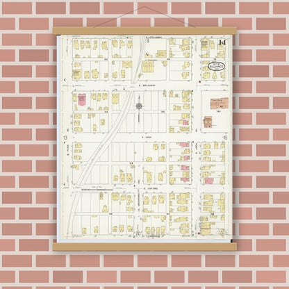 Old map wall art mockup — magnetic wood frame on brick wall — Sanborn Fire Insurance Map from Alliance, Stark County, Ohio (1911), Sheet #0014