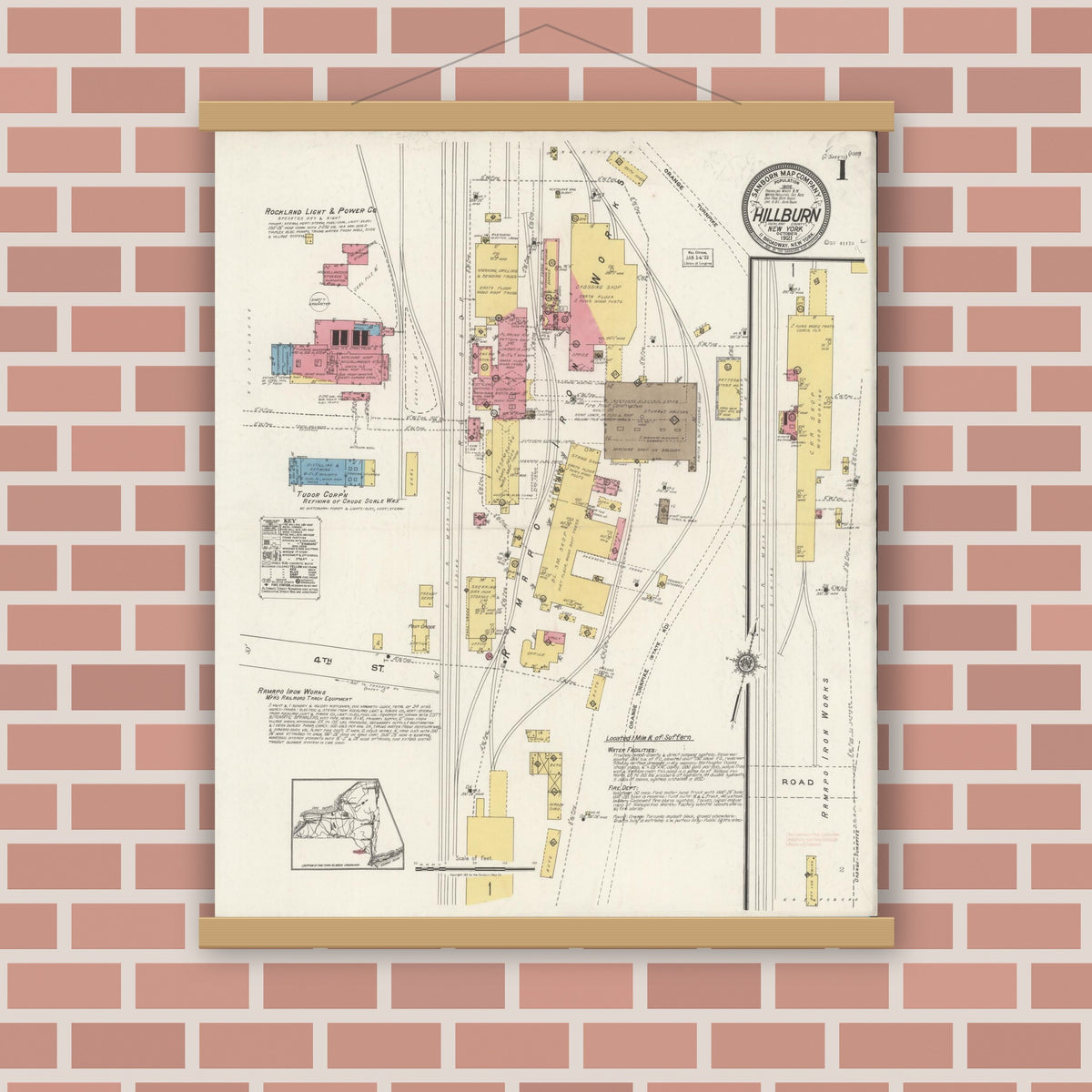 Old map wall art mockup — magnetic wood frame on brick wall — Sanborn Fire Insurance Map from Hillburn, Rockland County, New York (1921), Sheet #0001