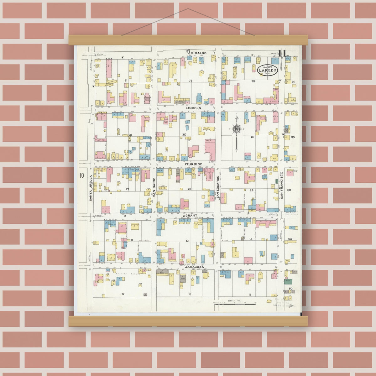 Old map wall art mockup — magnetic wood frame on brick wall — Sanborn Fire Insurance Map from Laredo, Webb County, Texas (1909), Sheet #0011