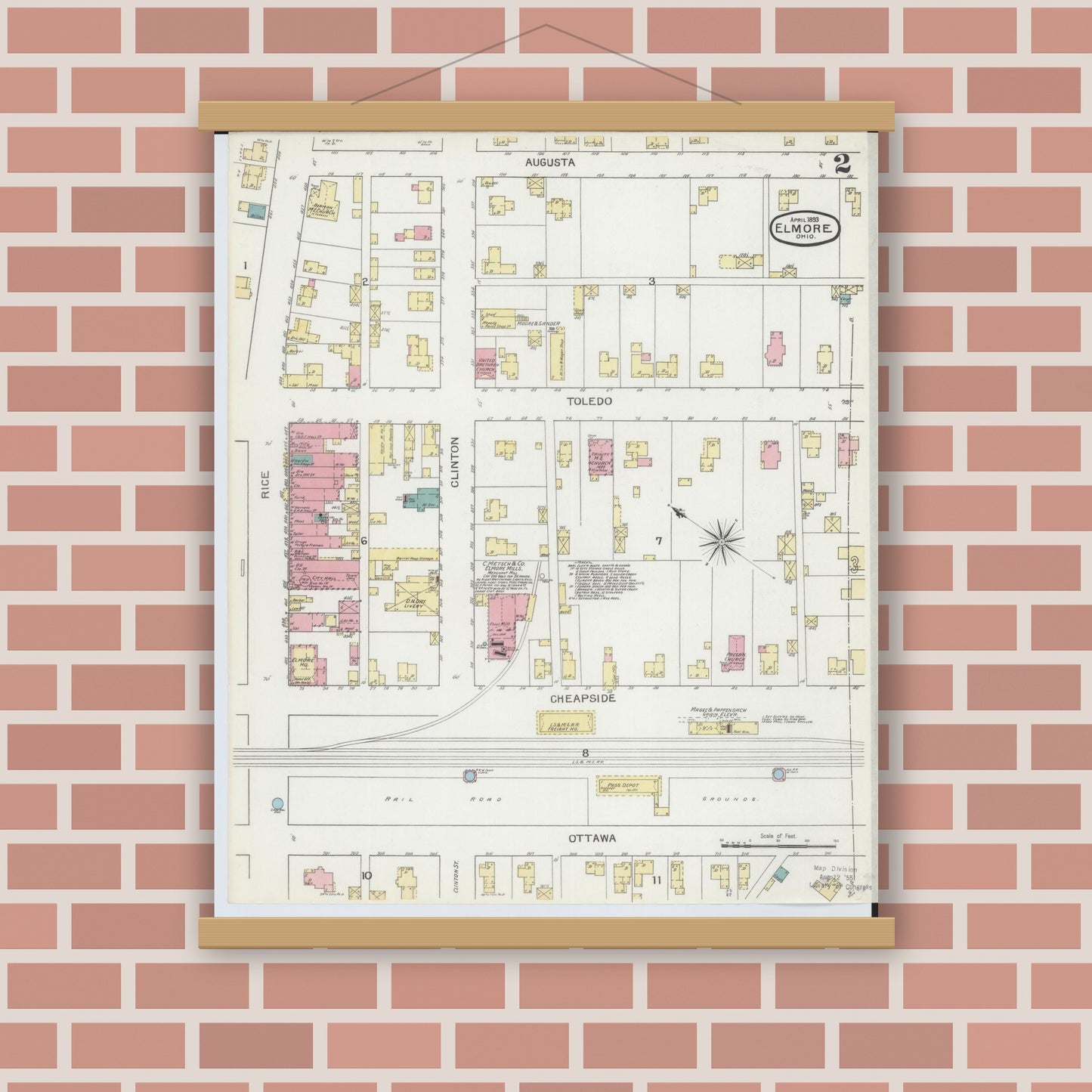 Old map wall art mockup — magnetic wood frame on brick wall — Sanborn Fire Insurance Map from Elmore, Ottawa County, Ohio (1893), Sheet #0002