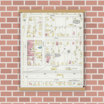 Old map wall art mockup — magnetic wood frame on brick wall — Sanborn Fire Insurance Map from Elmore, Ottawa County, Ohio (1893), Sheet #0002
