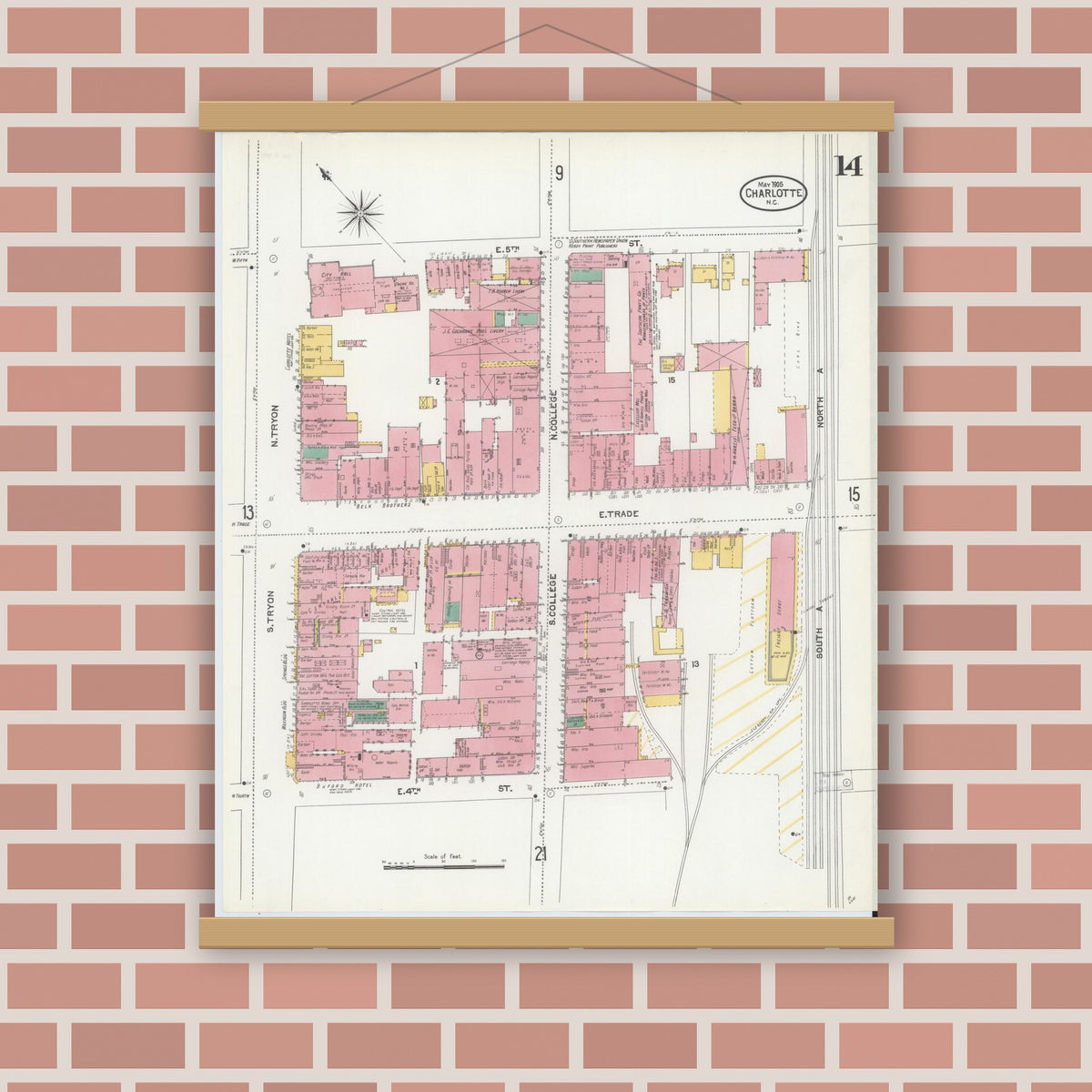 Old map wall art mockup — magnetic wood frame on brick wall — Sanborn Fire Insurance Map from Charlotte, Mecklenburg County, North Carolina (1905), Sheet #0014