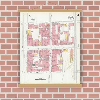 Old map wall art mockup — magnetic wood frame on brick wall — Sanborn Fire Insurance Map from Charlotte, Mecklenburg County, North Carolina (1905), Sheet #0014