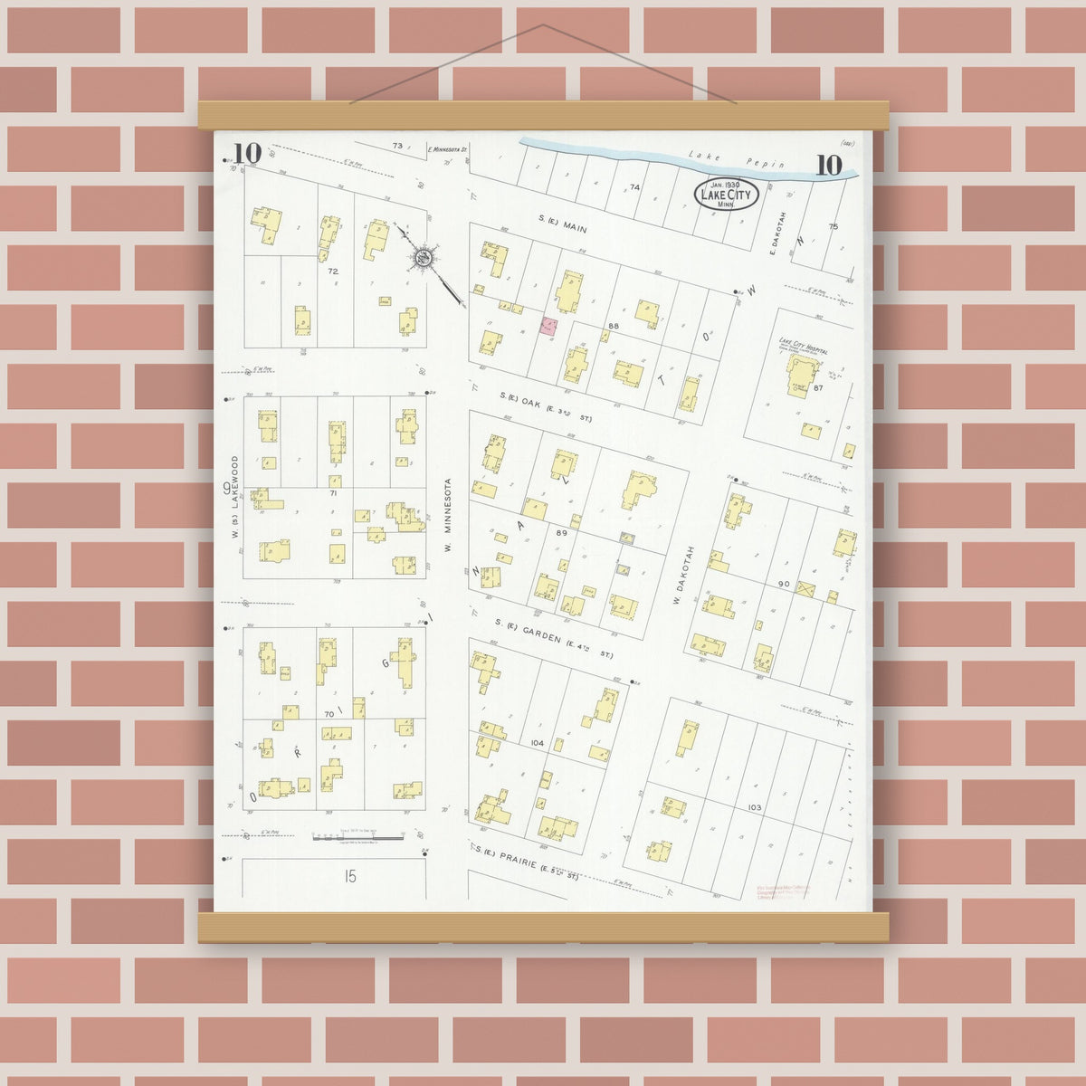 Old map wall art mockup — magnetic wood frame on brick wall — Sanborn Fire Insurance Map from Lake City, Wabasha County, Minnesota (1930), Sheet #0010