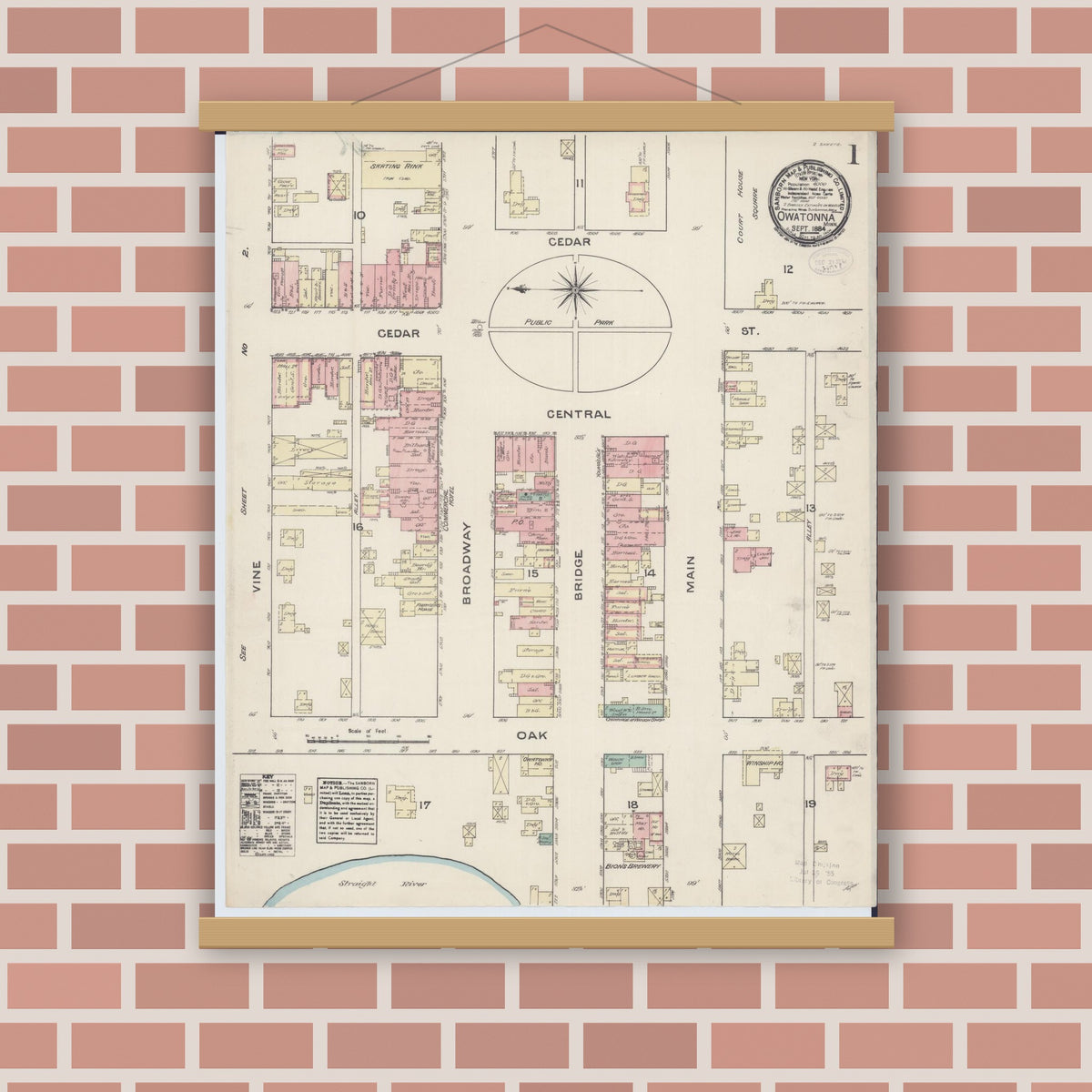 Old map wall art mockup — magnetic wood frame on brick wall — Sanborn Fire Insurance Map from Owatonna, Steele County, Minnesota (1884) - Complete Map Set
