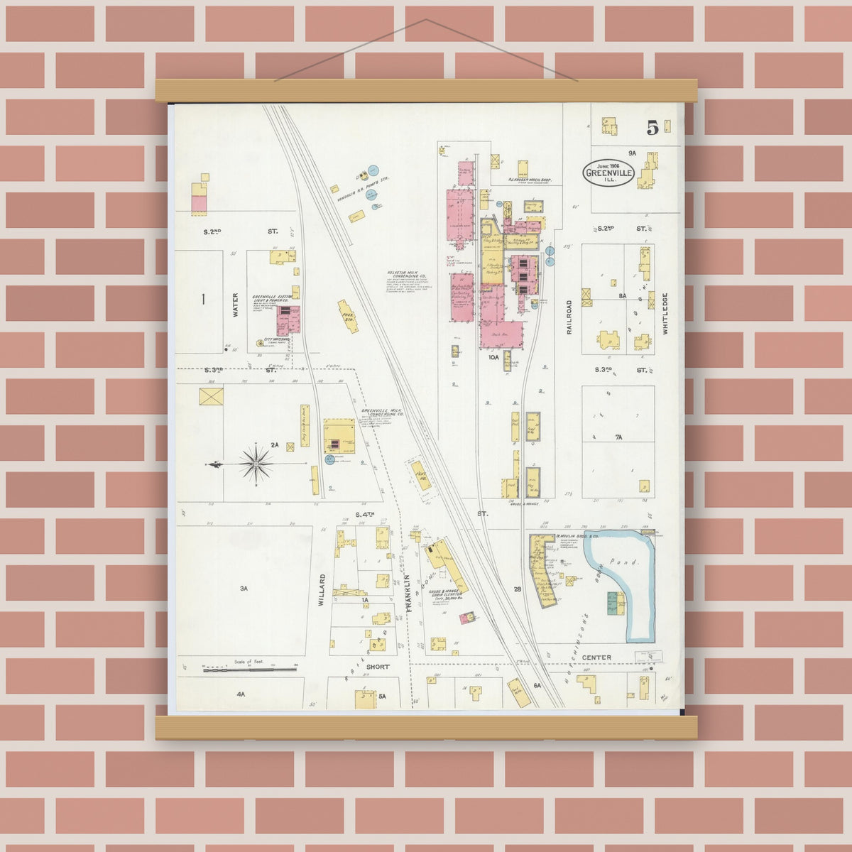 Old map wall art mockup — magnetic wood frame on brick wall — Sanborn Fire Insurance Map from Greenville, Bond County, Illinois (1906), Sheet #0005