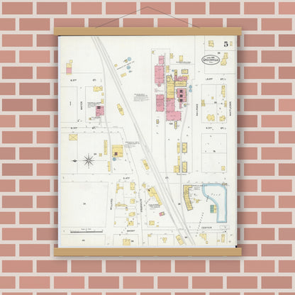 Old map wall art mockup — magnetic wood frame on brick wall — Sanborn Fire Insurance Map from Greenville, Bond County, Illinois (1906), Sheet #0005