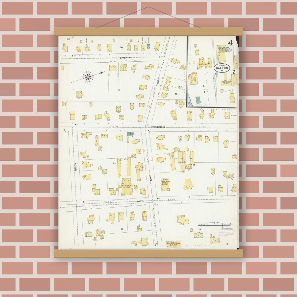 Old map wall art mockup — magnetic wood frame on brick wall — Sanborn Fire Insurance Map from Walton, Delaware County, New York (1903), Sheet #0004