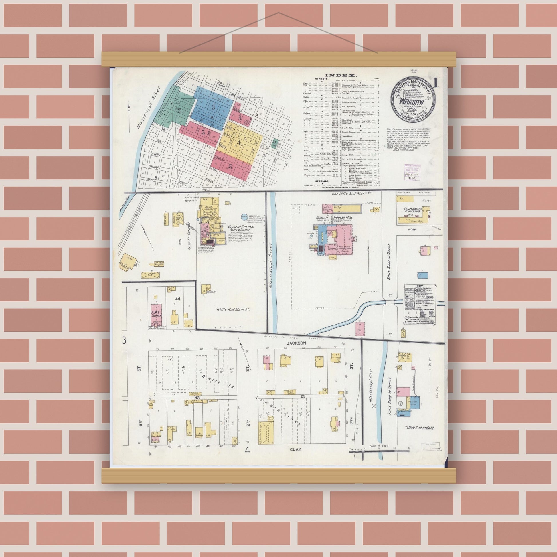 Old map wall art mockup — magnetic wood frame on brick wall — Sanborn Fire Insurance Map from Warsaw, Hancock County, Illinois (1906) - Complete Map Set