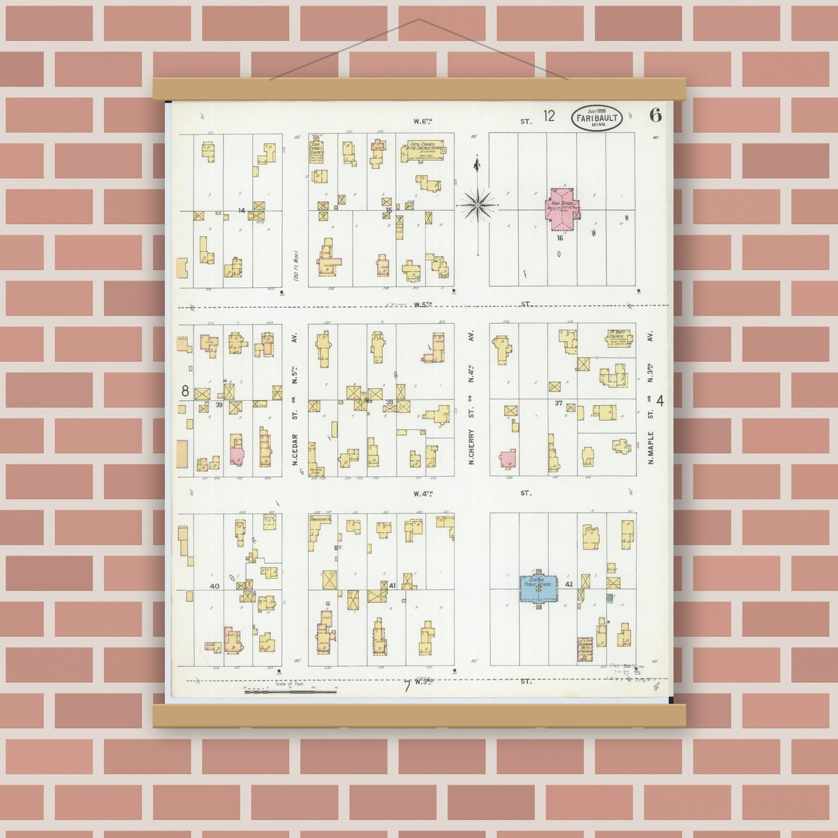 Old map wall art mockup — magnetic wood frame on brick wall — Sanborn Fire Insurance Map from Faribault, Rice County, Minnesota (1899), Sheet #0006