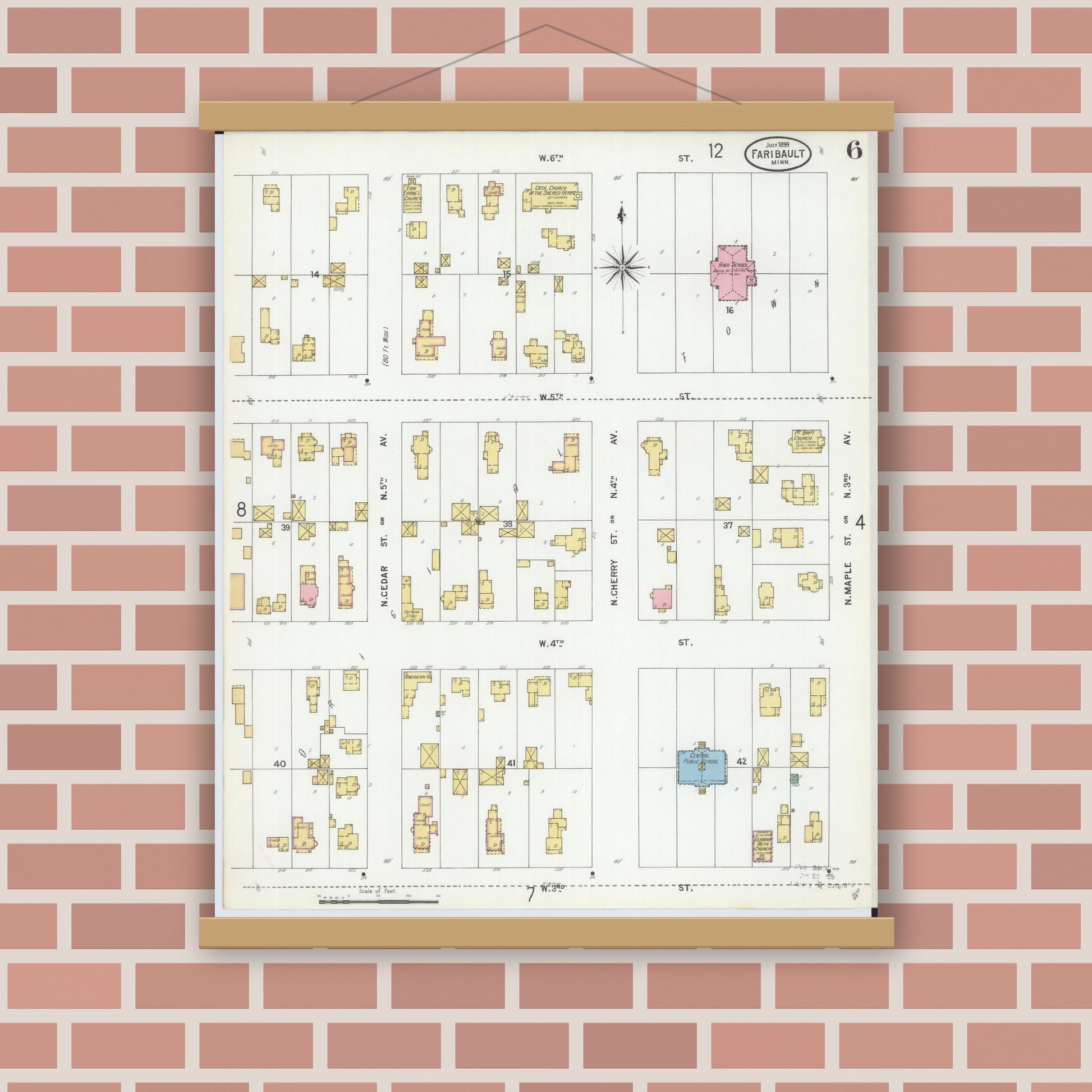 Old map wall art mockup — magnetic wood frame on brick wall — Sanborn Fire Insurance Map from Faribault, Rice County, Minnesota (1899), Sheet #0006