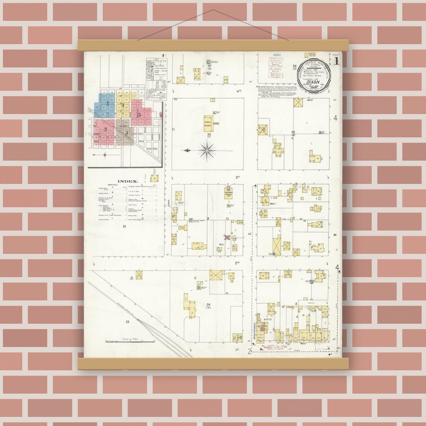 Old map wall art mockup — magnetic wood frame on brick wall — Sanborn Fire Insurance Map from Dixon, Solano County, California (1900) - Complete Map Set
