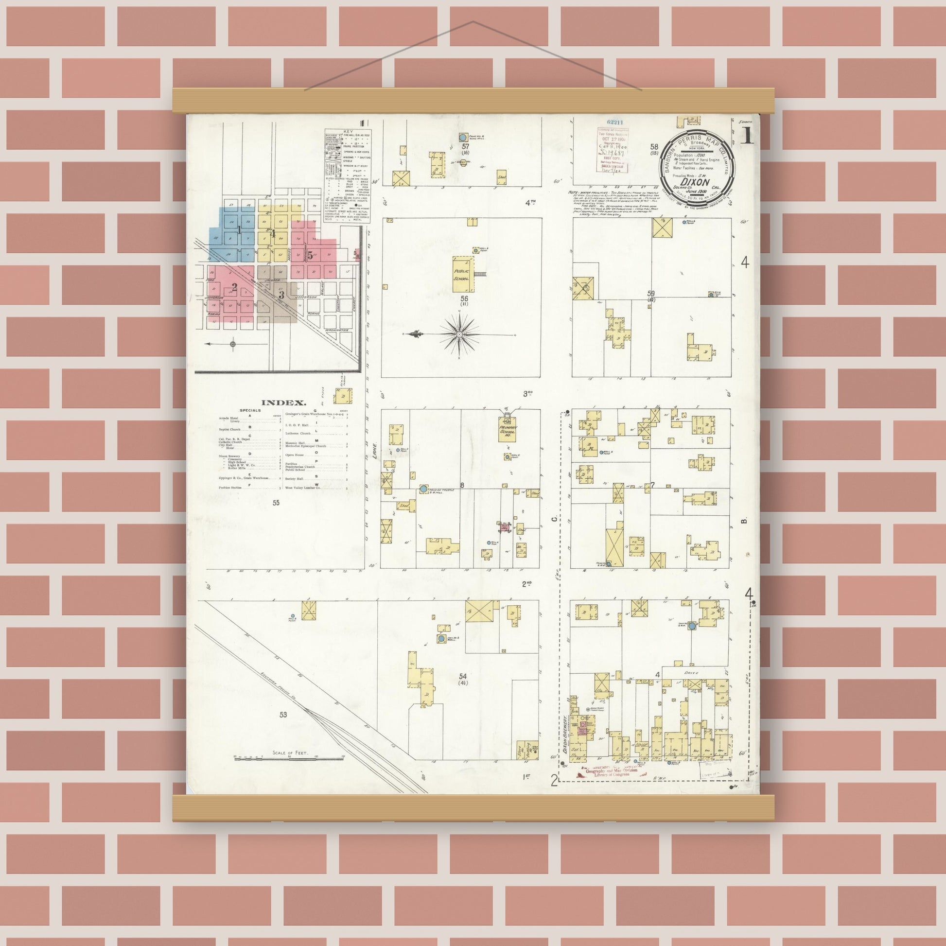 Old map wall art mockup — magnetic wood frame on brick wall — Sanborn Fire Insurance Map from Dixon, Solano County, California (1900) - Complete Map Set