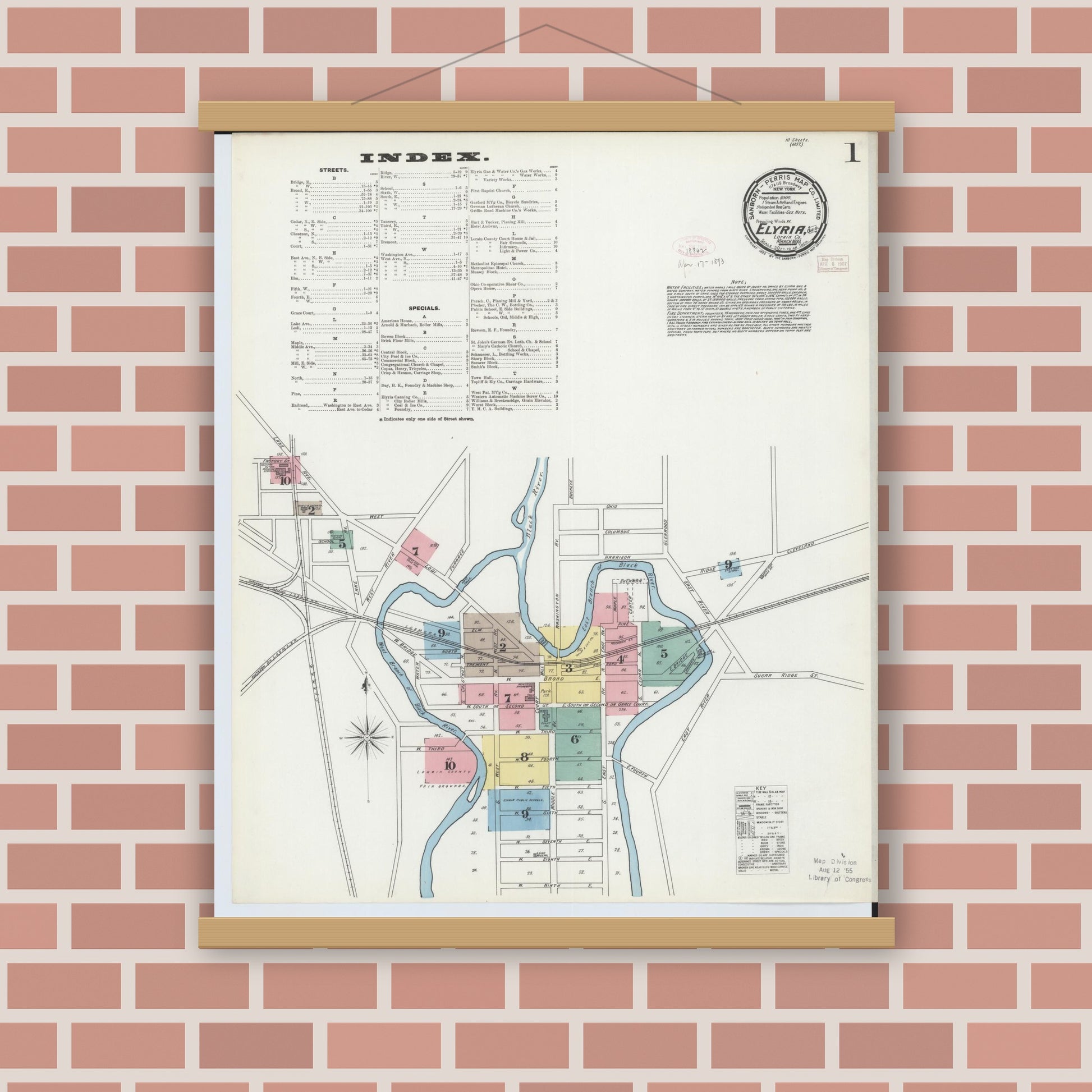 Old map wall art mockup — magnetic wood frame on brick wall — Sanborn Fire Insurance Map from Elyria, Lorain County, Ohio (1893), Sheet #0001