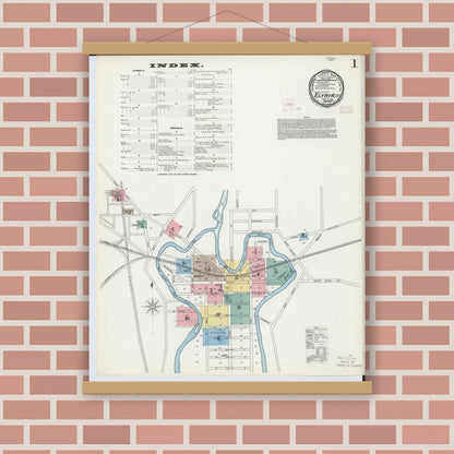 Old map wall art mockup — magnetic wood frame on brick wall — Sanborn Fire Insurance Map from Elyria, Lorain County, Ohio (1893), Sheet #0001