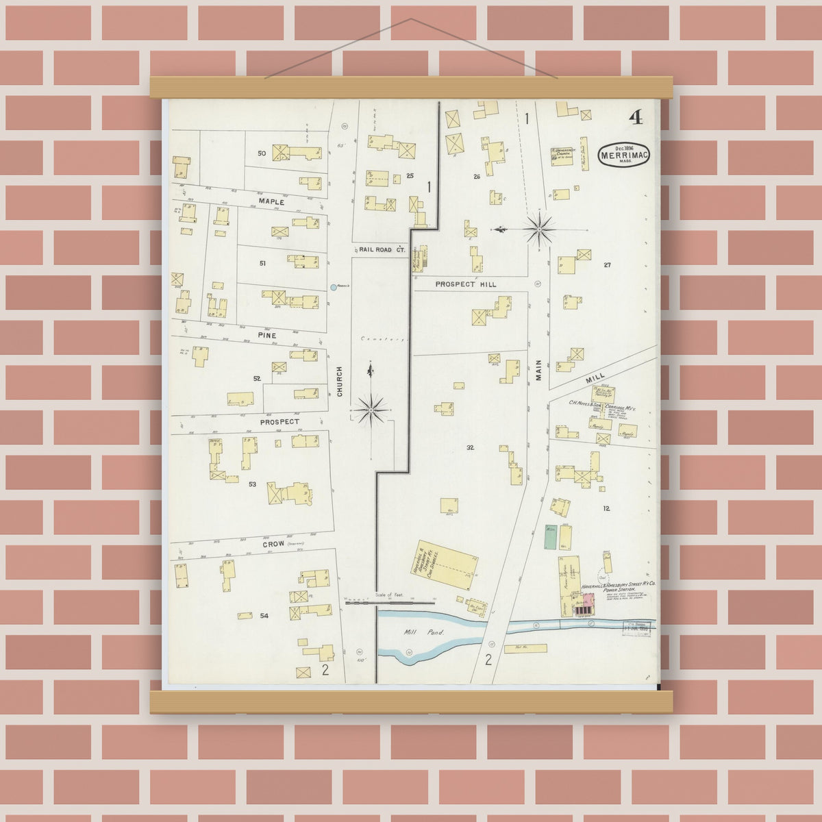 Old map wall art mockup — magnetic wood frame on brick wall — Sanborn Fire Insurance Map from Merrimac, Essex County, Massachusetts (1896), Sheet #0004