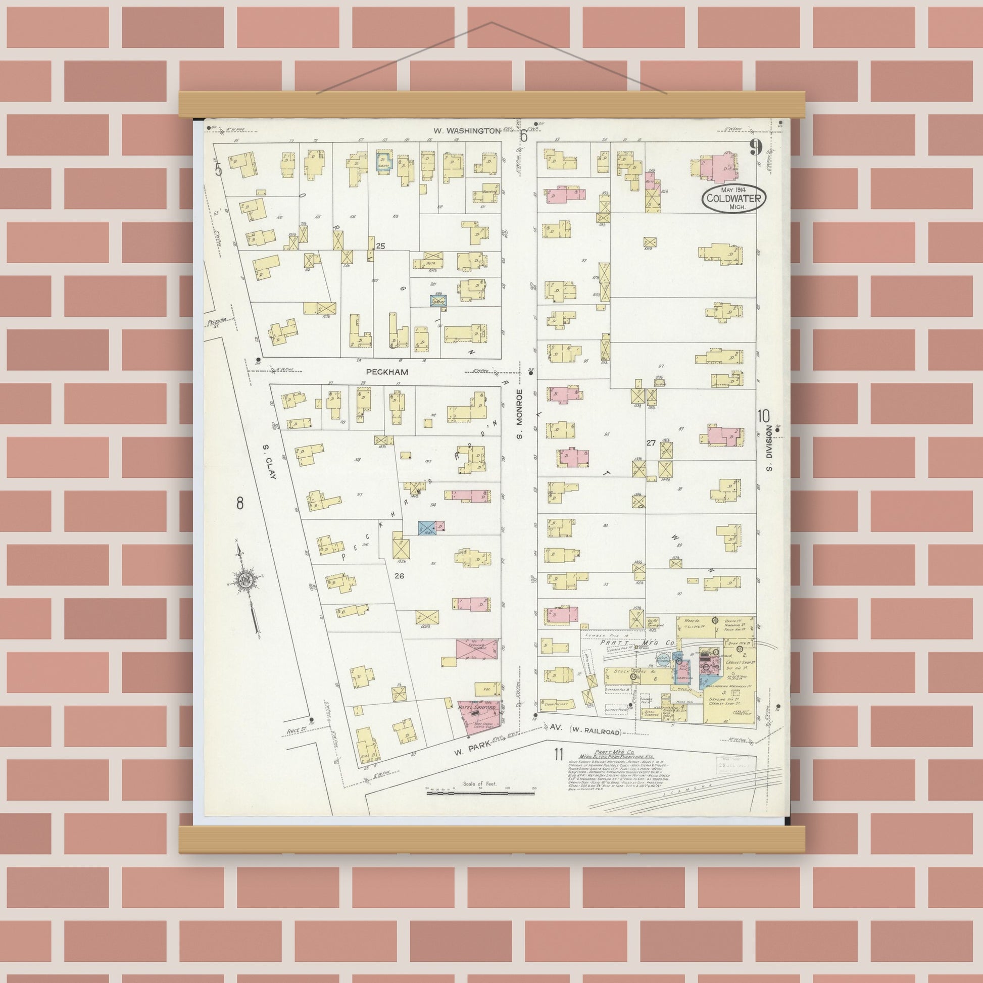 Old map wall art mockup — magnetic wood frame on brick wall — Sanborn Fire Insurance Map from Coldwater, Branch County, Michigan (1914), Sheet #0009