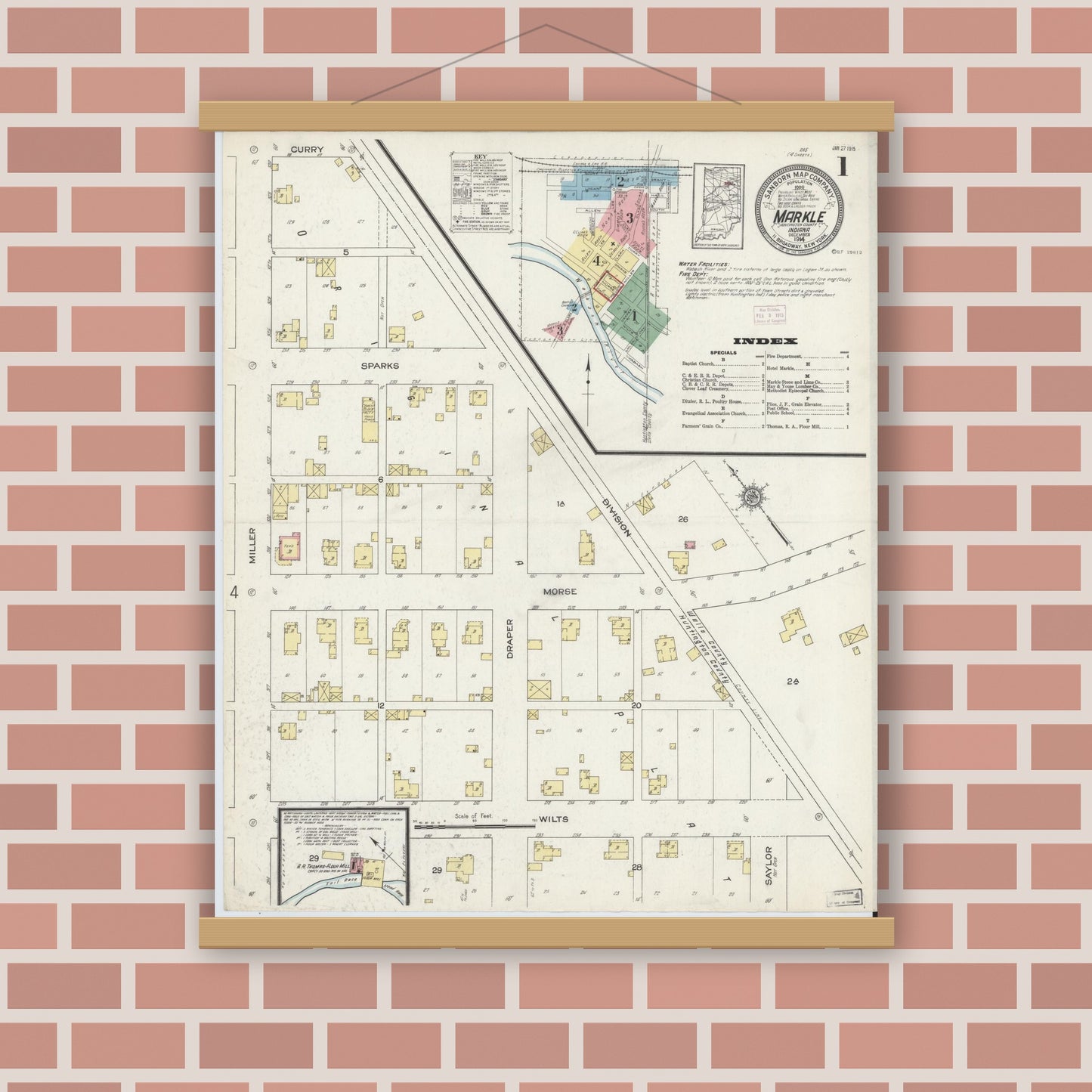 Old map wall art mockup — magnetic wood frame on brick wall — Sanborn Fire Insurance Map from Markle, Huntington County, Indiana (1914) - Complete Map Set