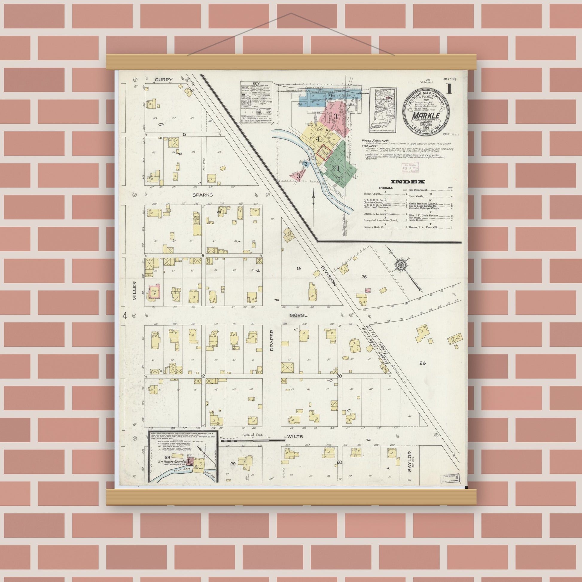 Old map wall art mockup — magnetic wood frame on brick wall — Sanborn Fire Insurance Map from Markle, Huntington County, Indiana (1914) - Complete Map Set