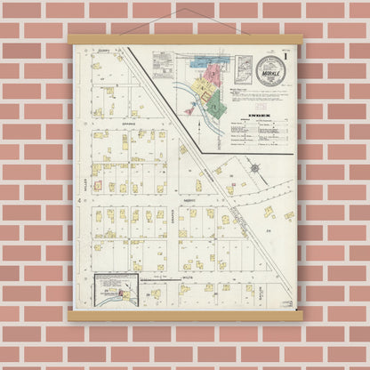 Old map wall art mockup — magnetic wood frame on brick wall — Sanborn Fire Insurance Map from Markle, Huntington County, Indiana (1914) - Complete Map Set