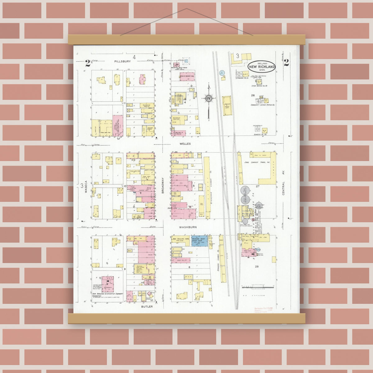Old map wall art mockup — magnetic wood frame on brick wall — Sanborn Fire Insurance Map from New Richland, Waseca County, Minnesota (1930), Sheet #0002