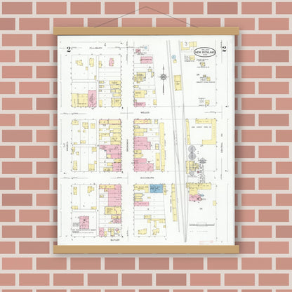 Old map wall art mockup — magnetic wood frame on brick wall — Sanborn Fire Insurance Map from New Richland, Waseca County, Minnesota (1930), Sheet #0002
