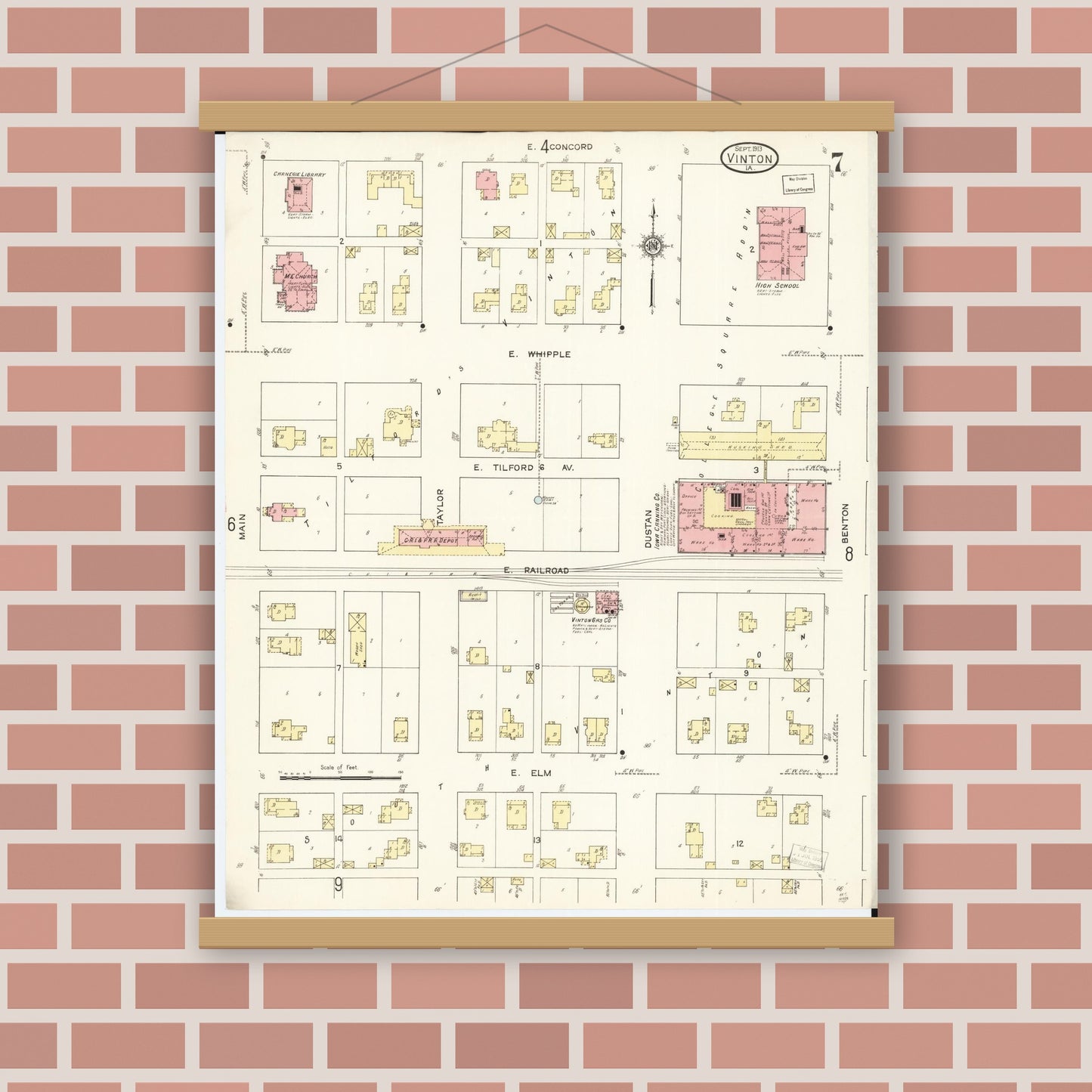 Old map wall art mockup — magnetic wood frame on brick wall — Sanborn Fire Insurance Map from Vinton, Benton County, Iowa (1913), Sheet #0007