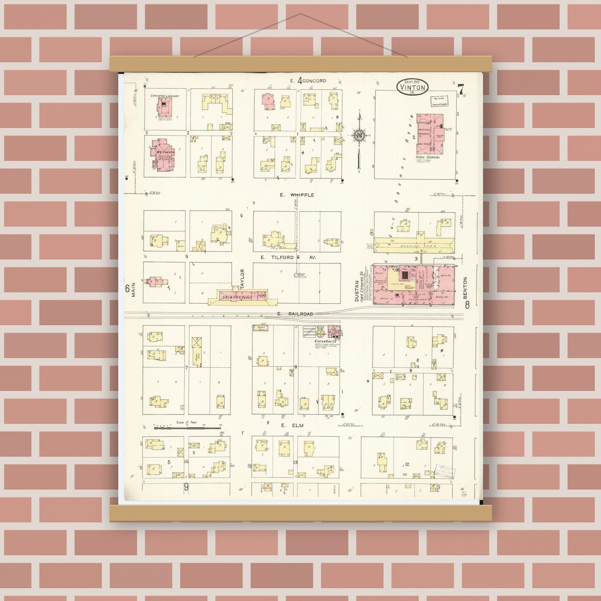 Old map wall art mockup — magnetic wood frame on brick wall — Sanborn Fire Insurance Map from Vinton, Benton County, Iowa (1913), Sheet #0007
