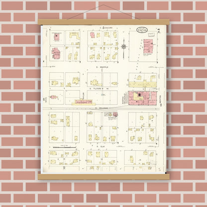 Old map wall art mockup — magnetic wood frame on brick wall — Sanborn Fire Insurance Map from Vinton, Benton County, Iowa (1913), Sheet #0007