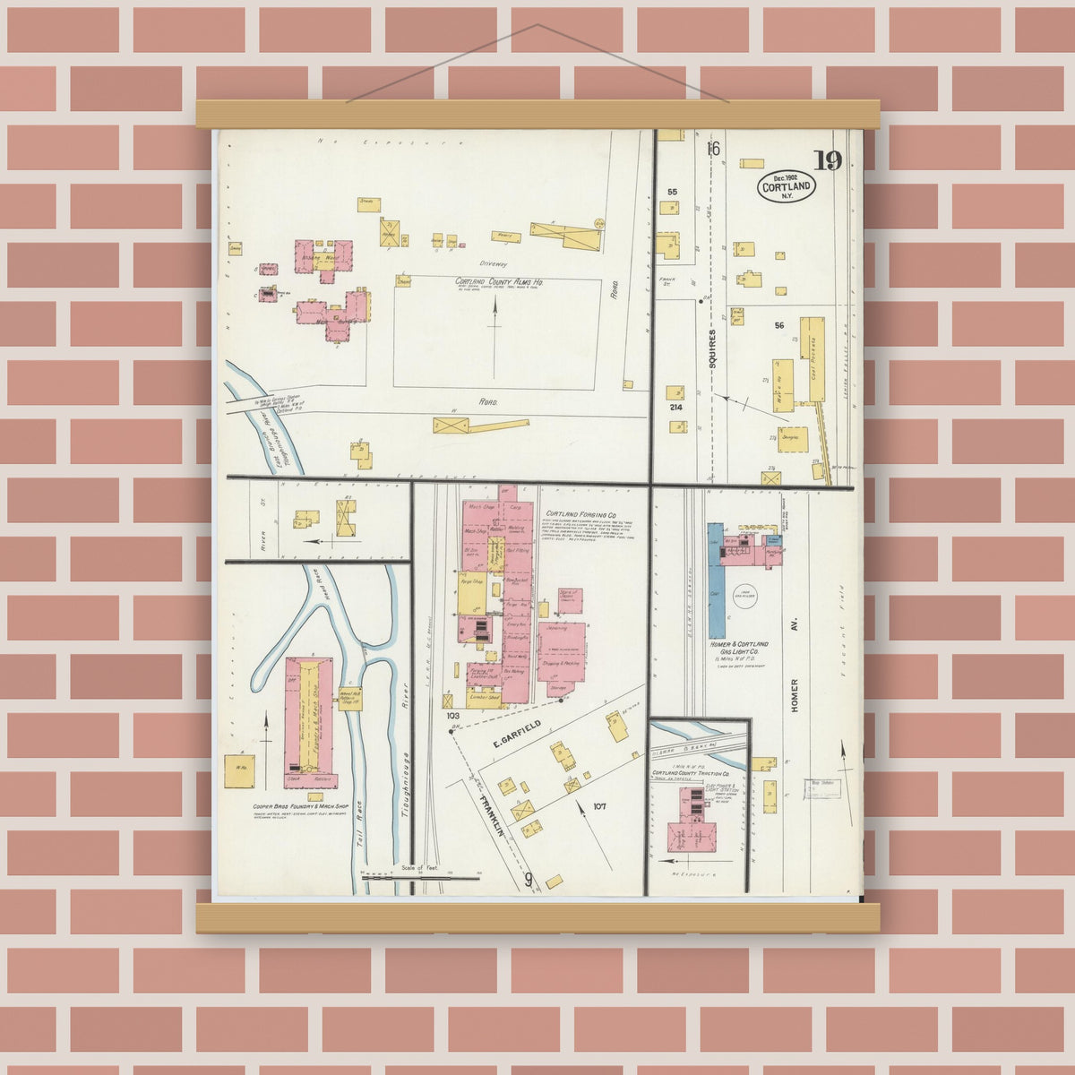 Old map wall art mockup — magnetic wood frame on brick wall — Sanborn Fire Insurance Map from Cortland, Cortland County, New York (1902), Sheet #0019