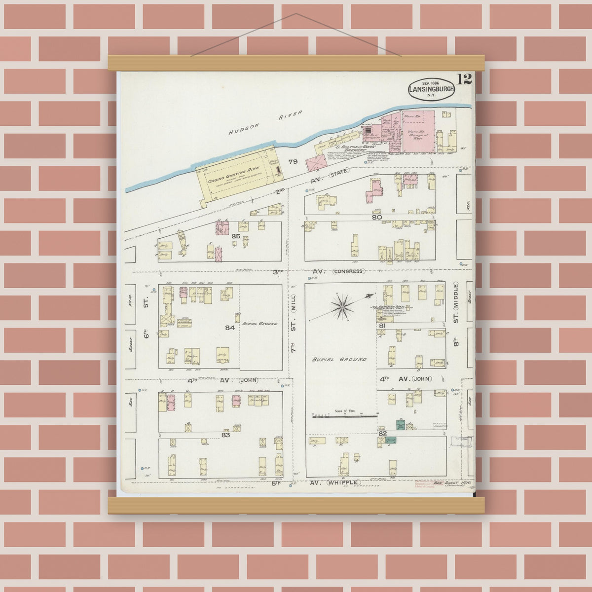 Old map wall art mockup — magnetic wood frame on brick wall — Sanborn Fire Insurance Map from Lansingburg, Rensselaer County, New York (1886), Sheet #0012