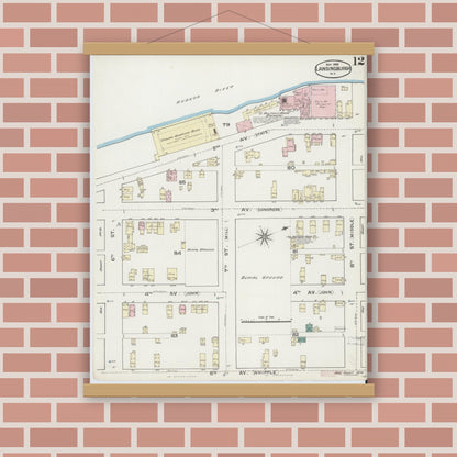 Old map wall art mockup — magnetic wood frame on brick wall — Sanborn Fire Insurance Map from Lansingburg, Rensselaer County, New York (1886), Sheet #0012