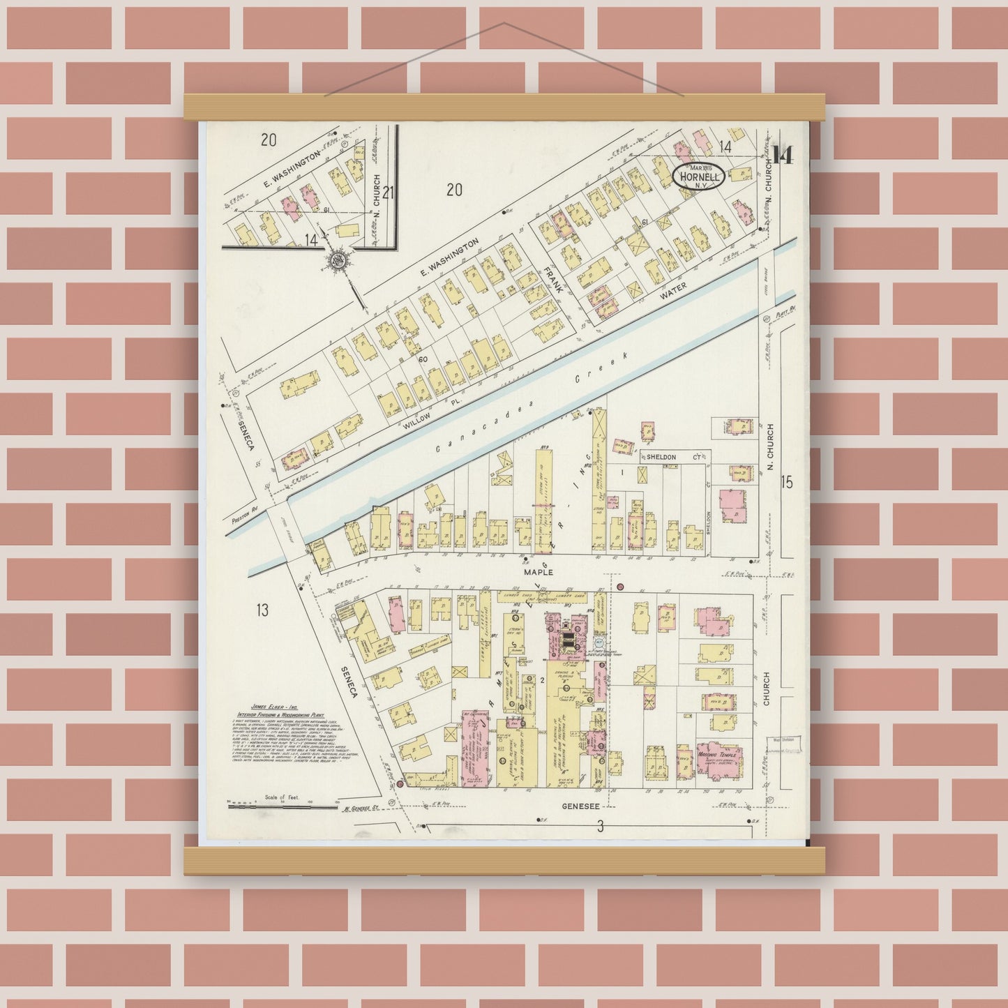 Old map wall art mockup — magnetic wood frame on brick wall — Sanborn Fire Insurance Map from Hornell, Steuben County, New York (1915), Sheet #0014