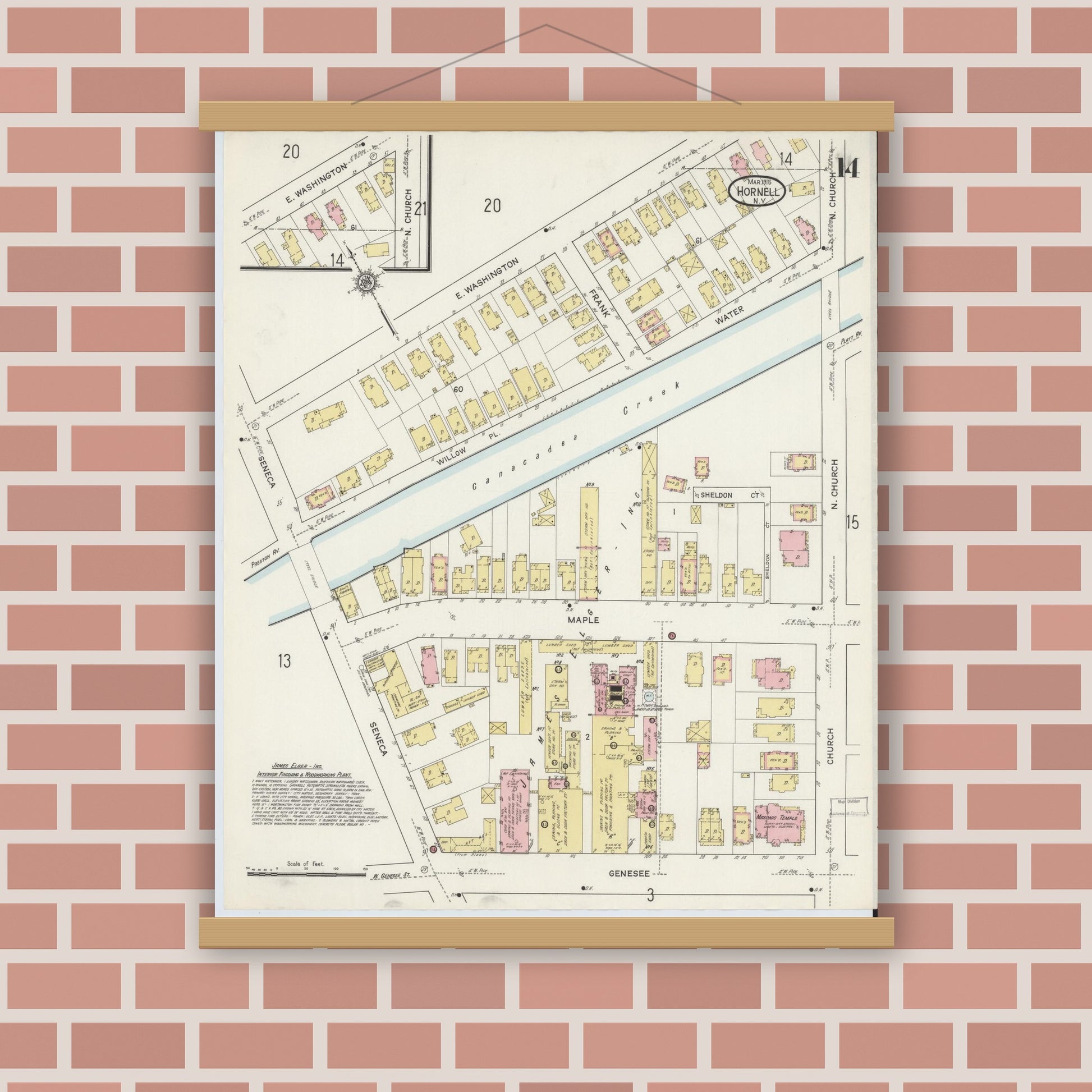 Old map wall art mockup — magnetic wood frame on brick wall — Sanborn Fire Insurance Map from Hornell, Steuben County, New York (1915), Sheet #0014