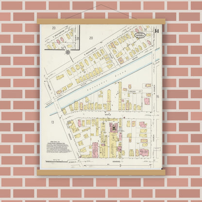 Old map wall art mockup — magnetic wood frame on brick wall — Sanborn Fire Insurance Map from Hornell, Steuben County, New York (1915), Sheet #0014