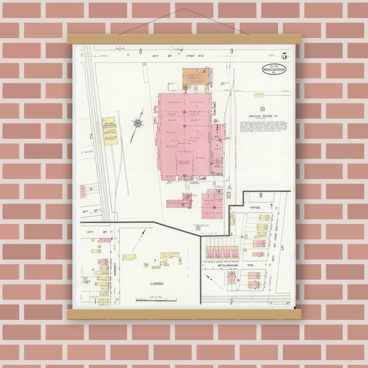 Old map wall art mockup — magnetic wood frame on brick wall — Sanborn Fire Insurance Map from Marcus Hook, Chester County, Pennsylvania (1912), Sheet #0005