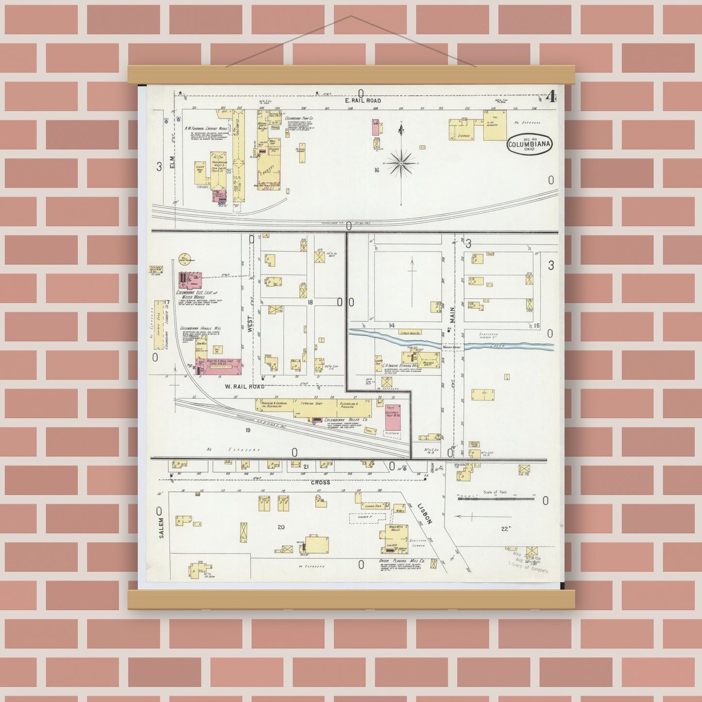Old map wall art mockup — magnetic wood frame on brick wall — Sanborn Fire Insurance Map from Columbiana, Columbiana County, Ohio (1901), Sheet #0004