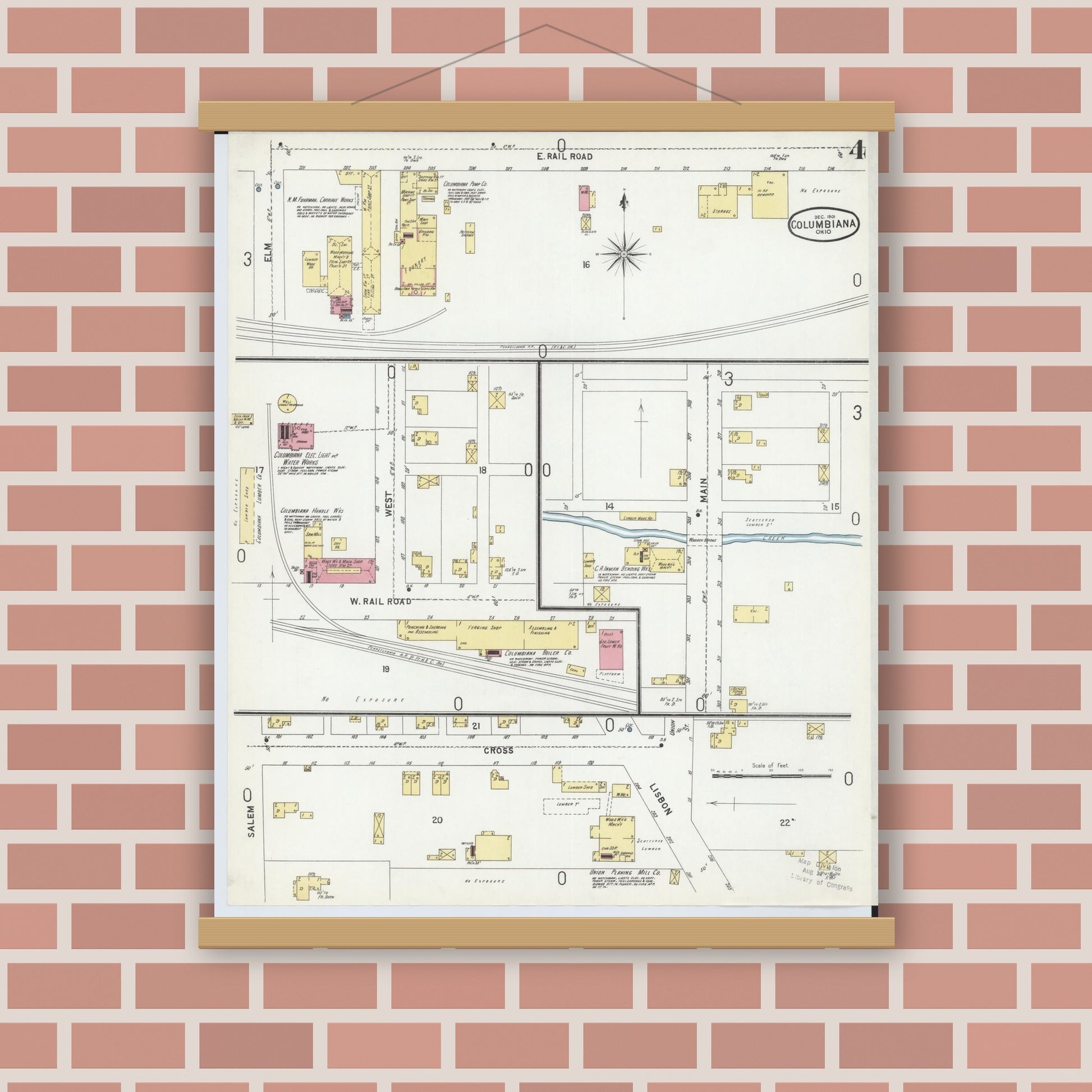 Old map wall art mockup — magnetic wood frame on brick wall — Sanborn Fire Insurance Map from Columbiana, Columbiana County, Ohio (1901), Sheet #0004