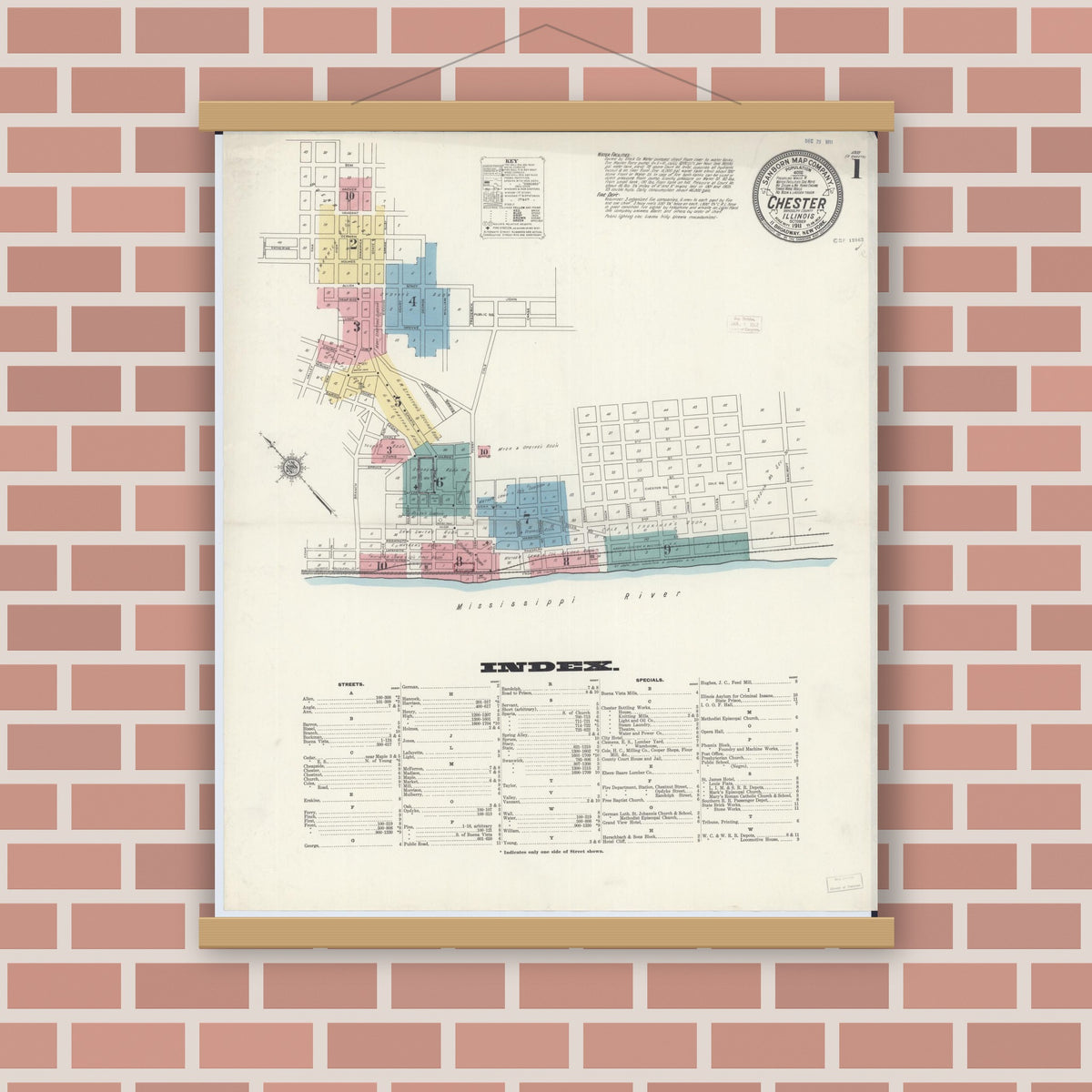 Old map wall art mockup — magnetic wood frame on brick wall — Sanborn Fire Insurance Map from Chester, Randolph County, Illinois (1911) - Complete Map Set