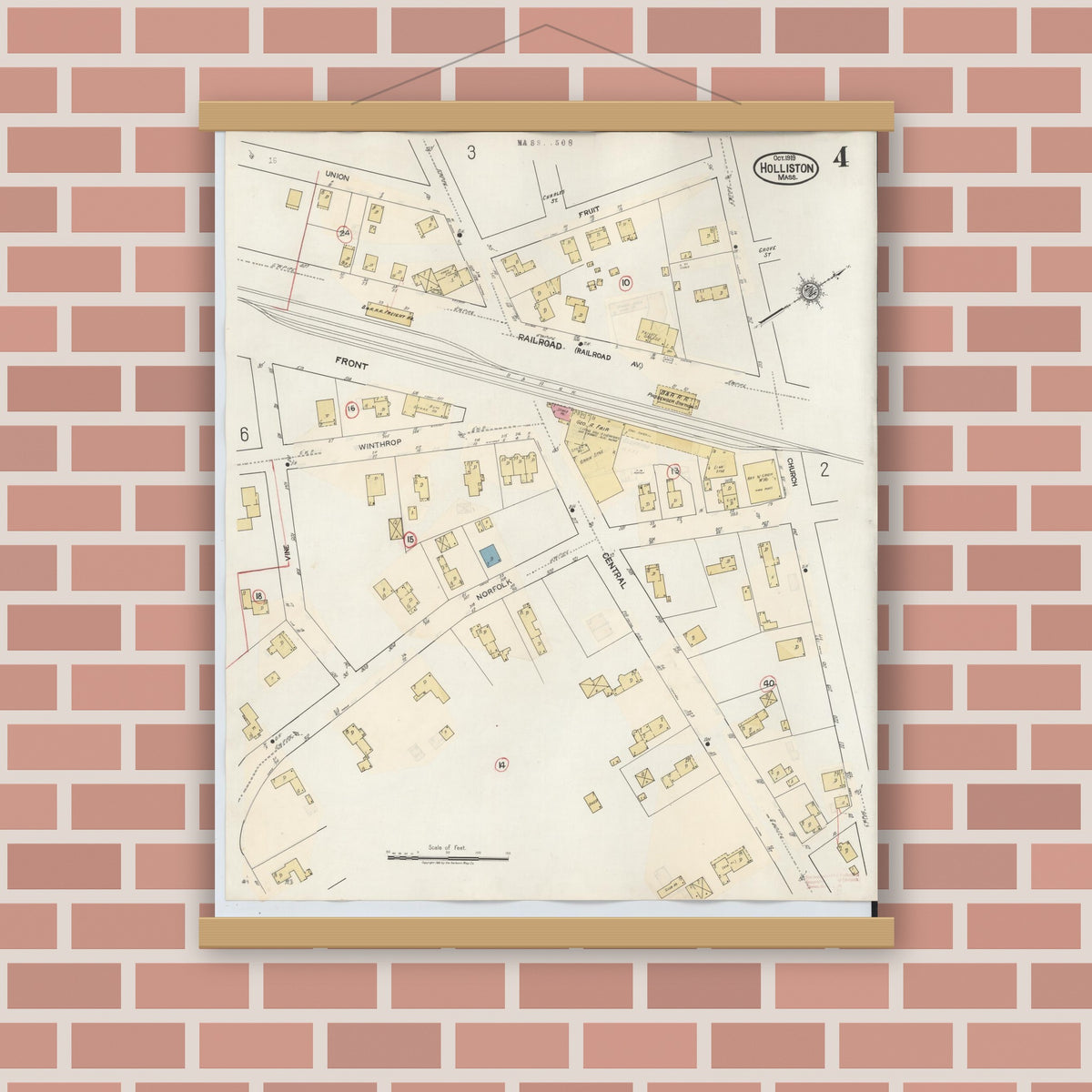 Old map wall art mockup — magnetic wood frame on brick wall — Sanborn Fire Insurance Map from Holliston, Middlesex County, Massachusetts (1942), Sheet #0004