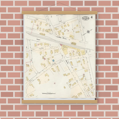 Old map wall art mockup — magnetic wood frame on brick wall — Sanborn Fire Insurance Map from Holliston, Middlesex County, Massachusetts (1942), Sheet #0004