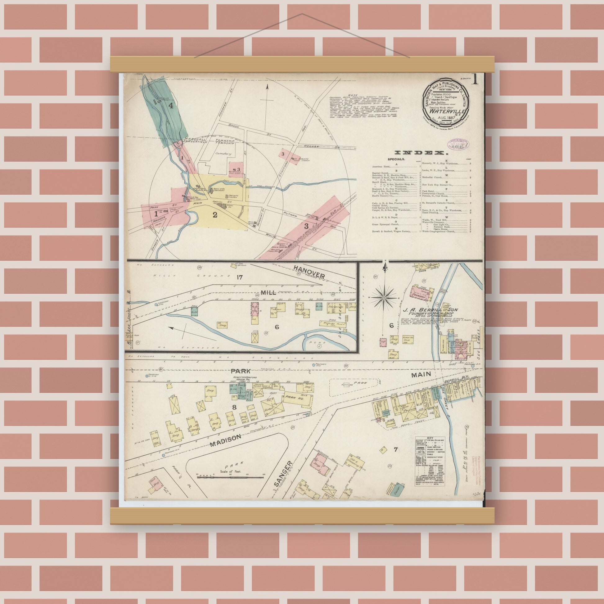 Old map wall art mockup — magnetic wood frame on brick wall — Sanborn Fire Insurance Map from Waterville, Oneida County, New York (1887), Sheet #0001