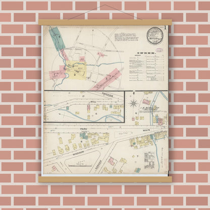 Old map wall art mockup — magnetic wood frame on brick wall — Sanborn Fire Insurance Map from Waterville, Oneida County, New York (1887), Sheet #0001