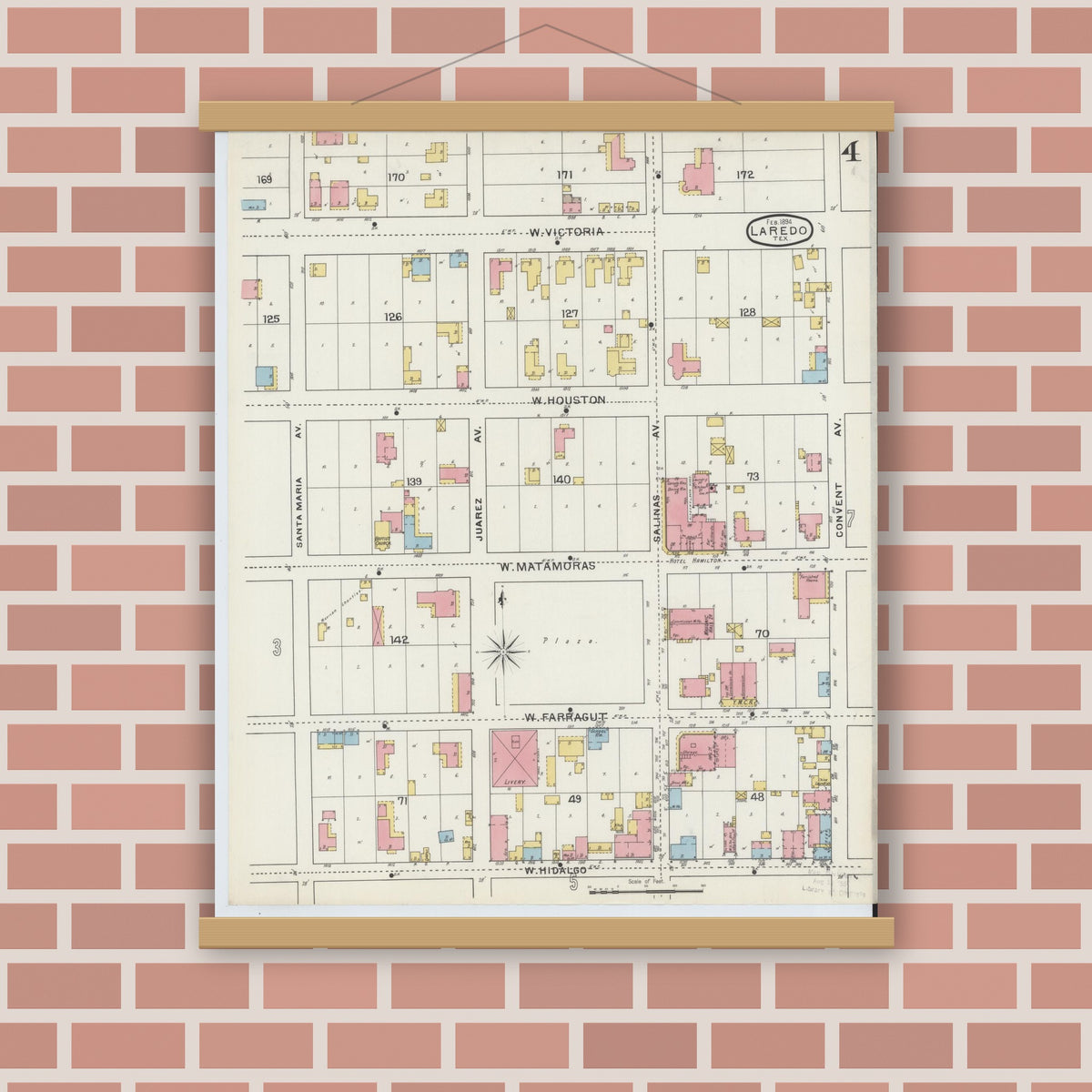Old map wall art mockup — magnetic wood frame on brick wall — Sanborn Fire Insurance Map from Laredo, Webb County, Texas (1894), Sheet #0004
