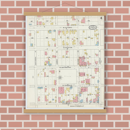 Old map wall art mockup — magnetic wood frame on brick wall — Sanborn Fire Insurance Map from Laredo, Webb County, Texas (1894), Sheet #0004