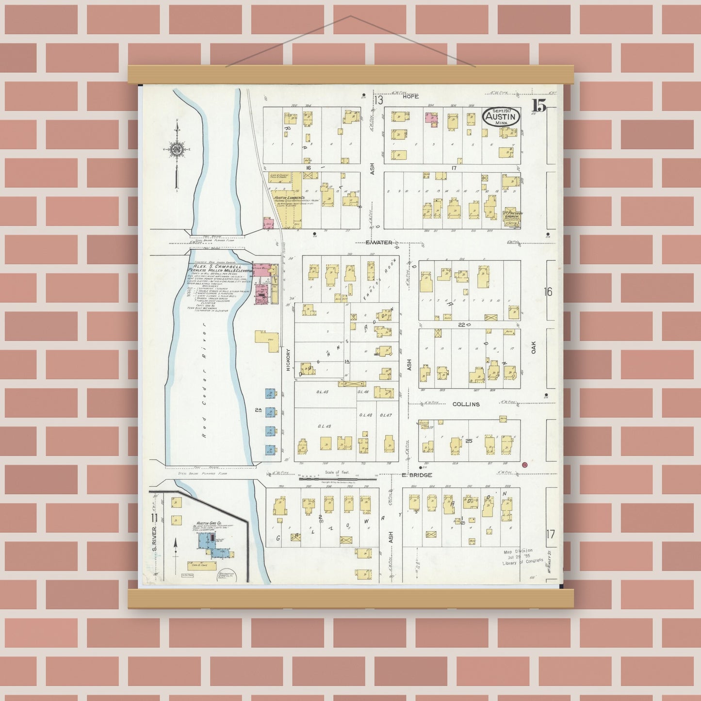 Old map wall art mockup — magnetic wood frame on brick wall — Sanborn Fire Insurance Map from Austin, Mower County, Minnesota (1917), Sheet #0015