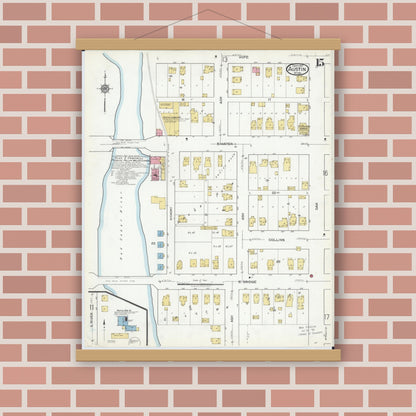 Old map wall art mockup — magnetic wood frame on brick wall — Sanborn Fire Insurance Map from Austin, Mower County, Minnesota (1917), Sheet #0015