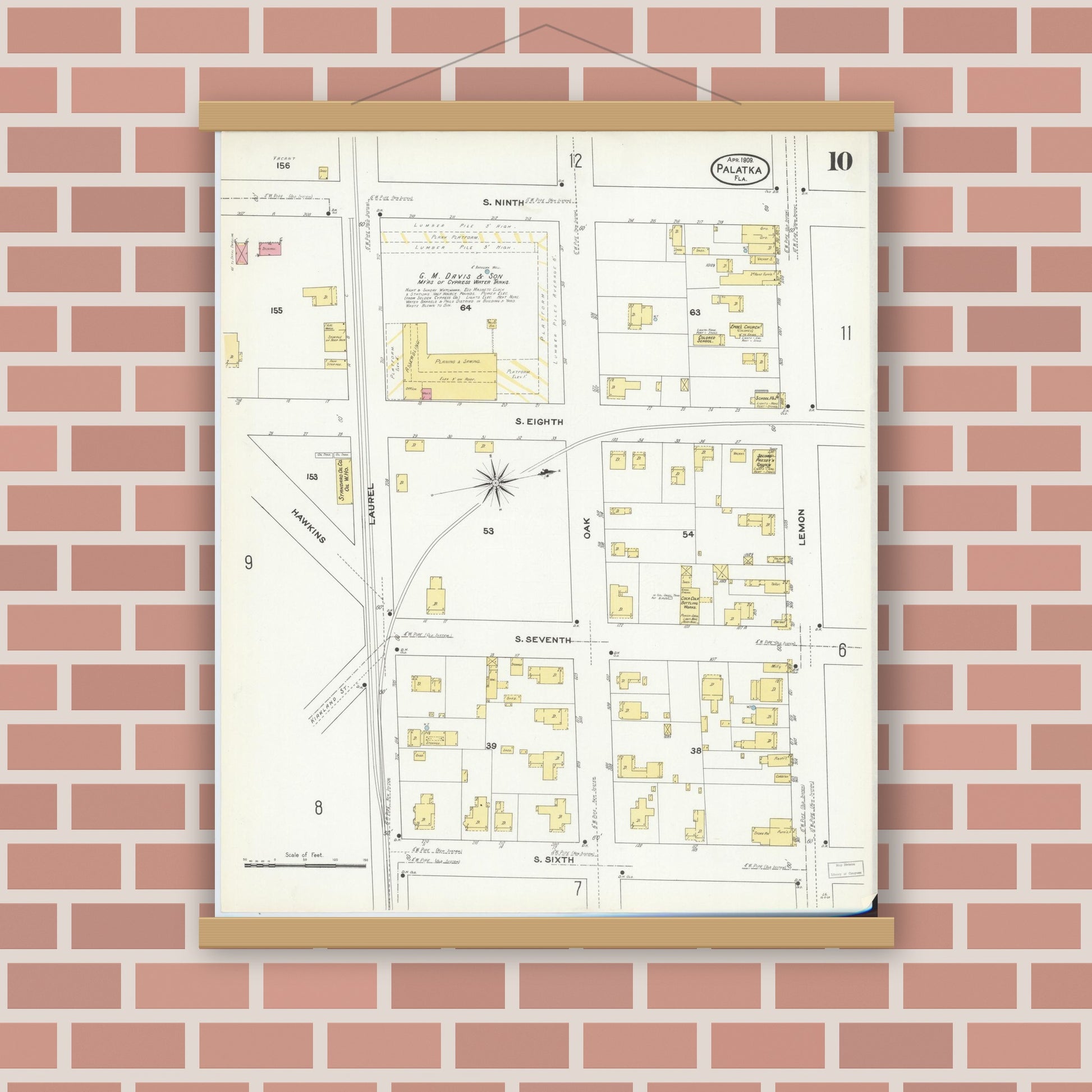 Old map wall art mockup — magnetic wood frame on brick wall — Sanborn Fire Insurance Map from Palatka, Putnam County, Florida (1909), Sheet #0010