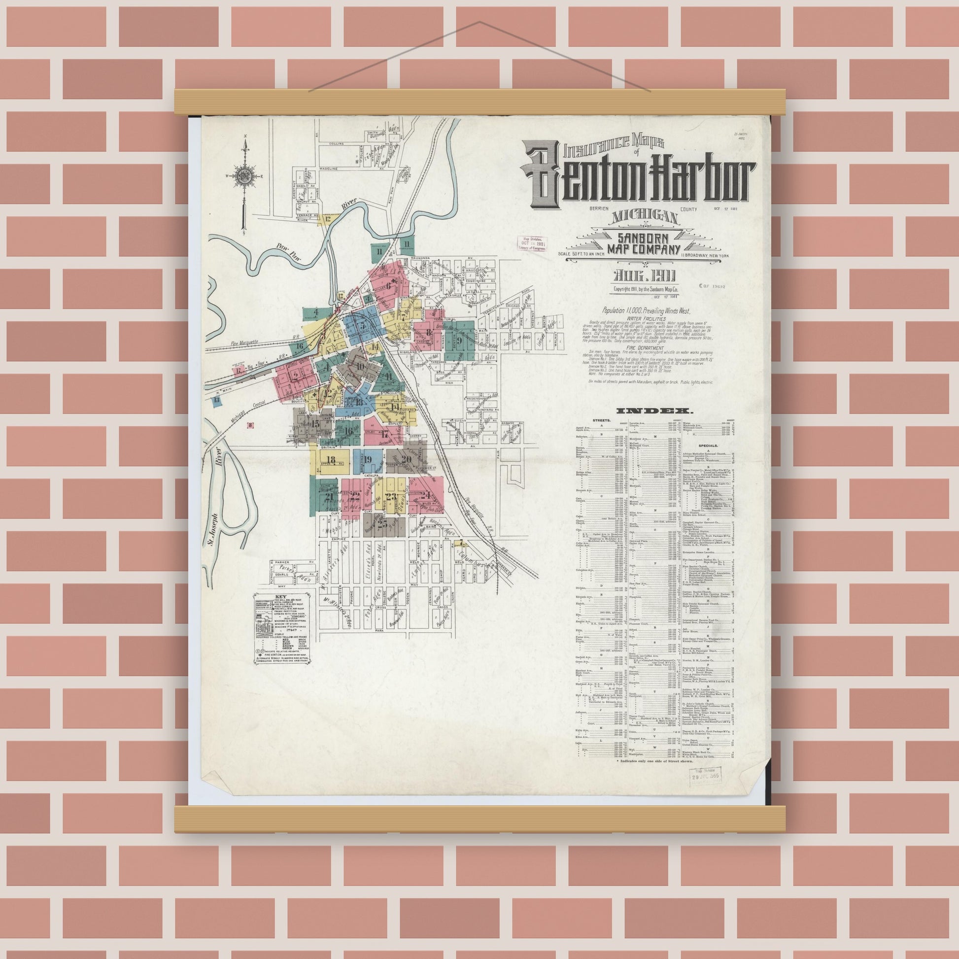 Old map wall art mockup — magnetic wood frame on brick wall — Sanborn Fire Insurance Map from Benton Harbor, Berrien County, Michigan (1911), Sheet #0001