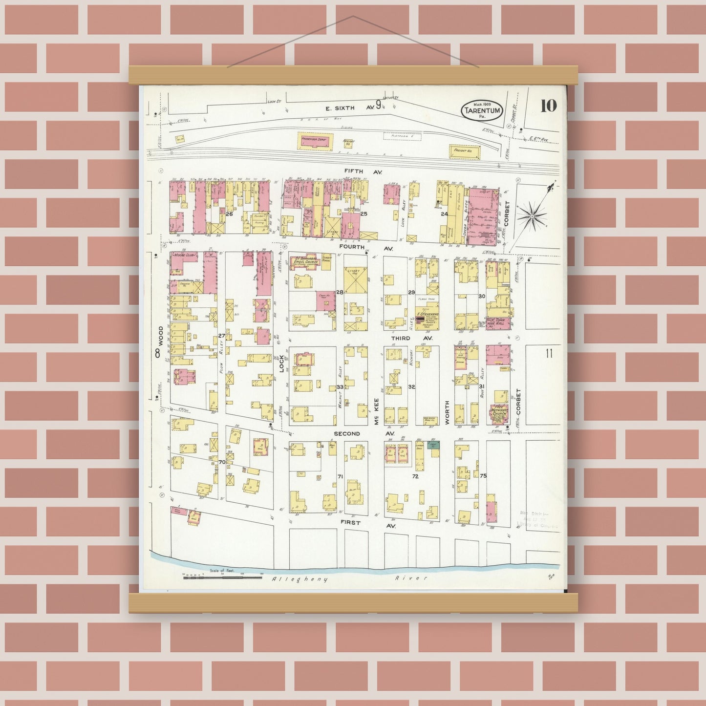 Old map wall art mockup — magnetic wood frame on brick wall — Sanborn Fire Insurance Map from Tarentum, Allegheny County, Pennsylvania (1909), Sheet #0010